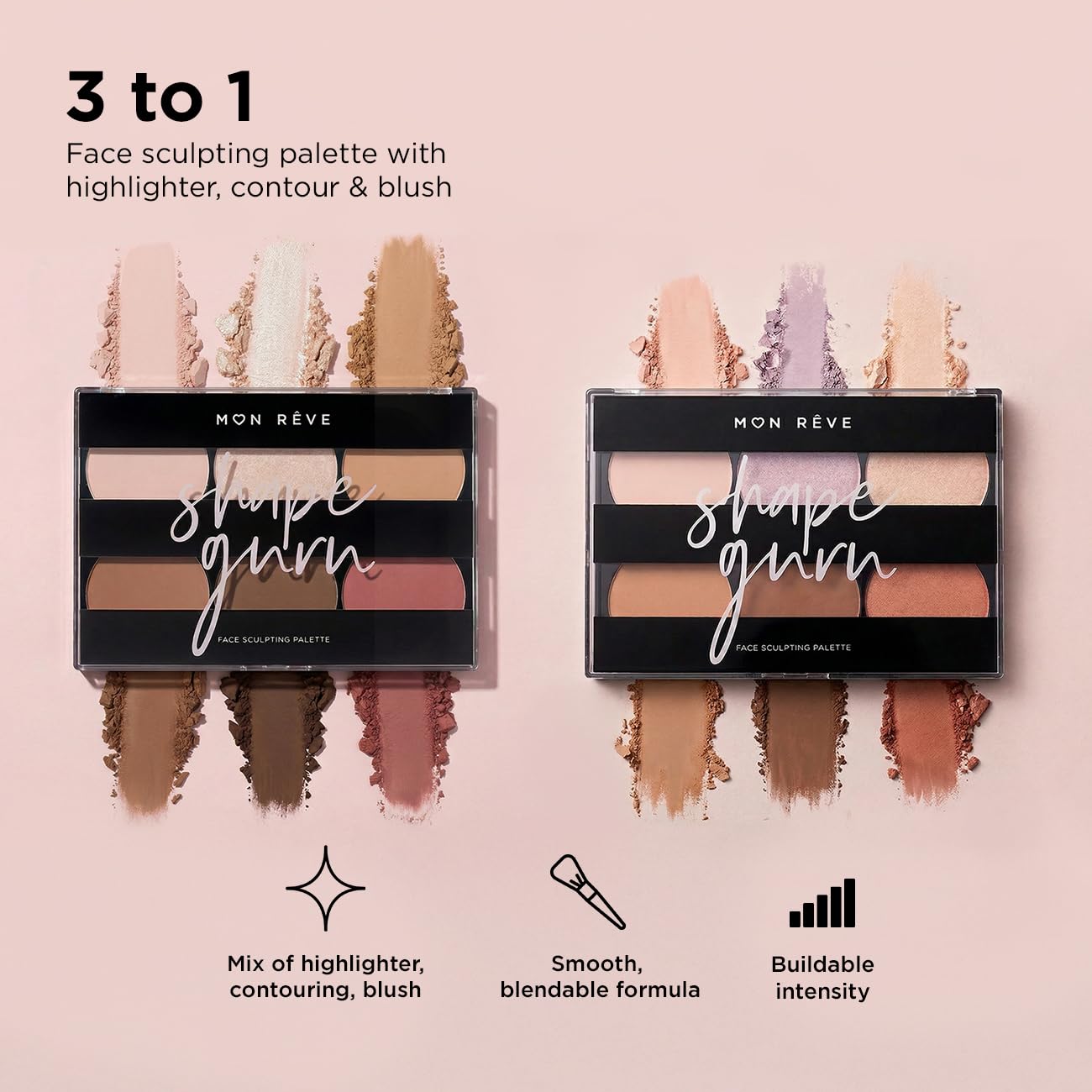 Mon Rêve 3-in-1 Contour Palette Powder – Highlighter, Blush & Contour Makeup Palette – Parabens-Free & Vegan Mineral Makeup Face Sculpting Kit for Light & Dark (03 Deep)